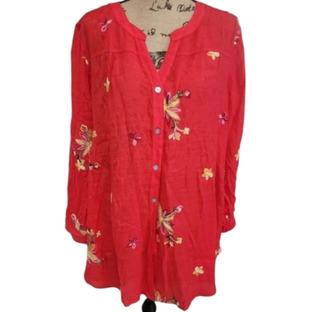 ANTHROPOLOGIE x fig & flower Red embroidered floral shirt‎ plus SIZE 1X 2X New